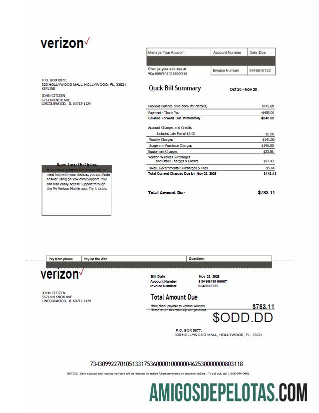 Em branco modelo de fatura de serviços públicos da Verizon dos EUA em formatos Word e PDF, versão 2